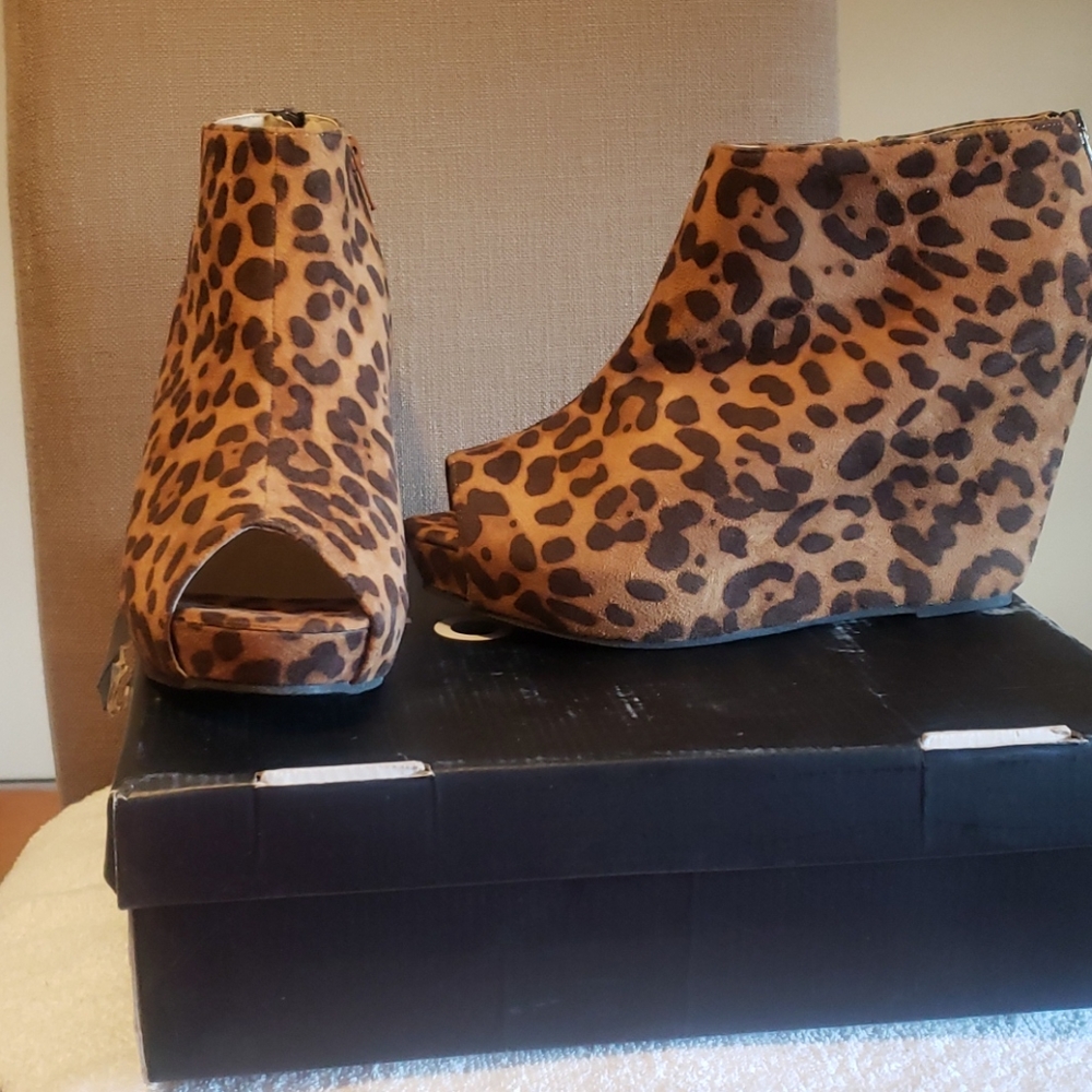 New Faux Suede Leopard Wedge Bootie
